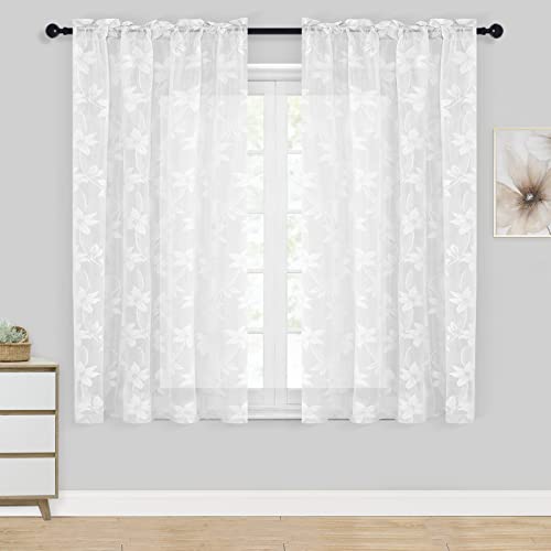DWCN White Sheer Curtains - Short Curtains Floral Lace Design
