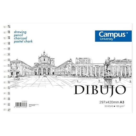 Campus University - Bloc de Dibujo A3 Cuaderno de Bocetos con Espiral 30 Hojas 160 gramos en Blanco para Carboncillo, Lápiz, Ceras o Pastel