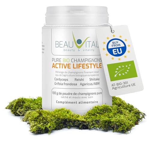 Pure Bio Blend Active Lifestyle 100g mélange de champignons médicinaux de Cordyceps, Reishi, Shiitake, Grifola, Agaricus, de l'agriculture biologique de l'UE, végétalien, sans additifs artificiels