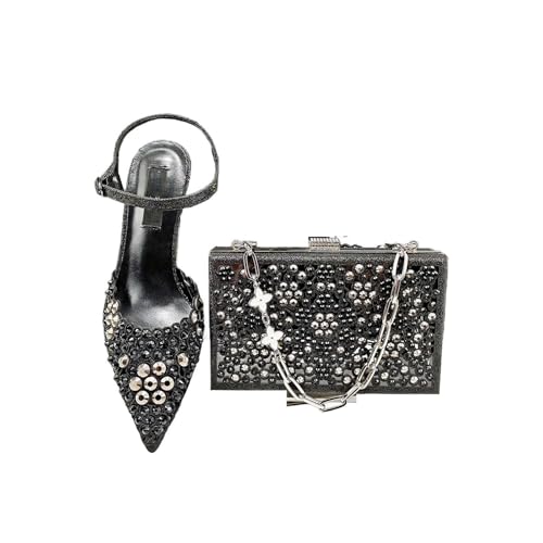 Women Shoes and Bag Set African Lady Embellished Pointed Toe Cutout Heels Square Clutch Bag Black