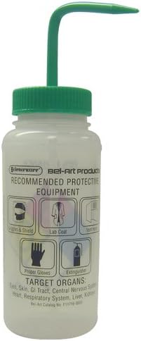 SP Bel-Art Safety-Labeled 4-Color 70% Ethanol Wide-Mouth Wash Bottles; 500ml (16oz), Polyethylene w/Green Polypropylene Cap (Pack of 4) (F11716-0020) Made in USA