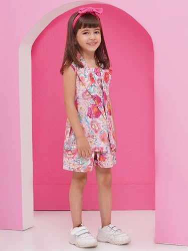 Image of AJ DEZINES Kids Clothing Floral Printed Pure Cotton Top Shorts With Jacket Cord Set for Girls