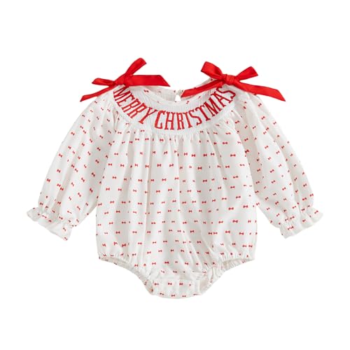 Newborn Infant Baby Girl Christmas Outfit Long Sleeve Smocked Bubble Romper Bow Ruffle Bodysuit Winter Clothes