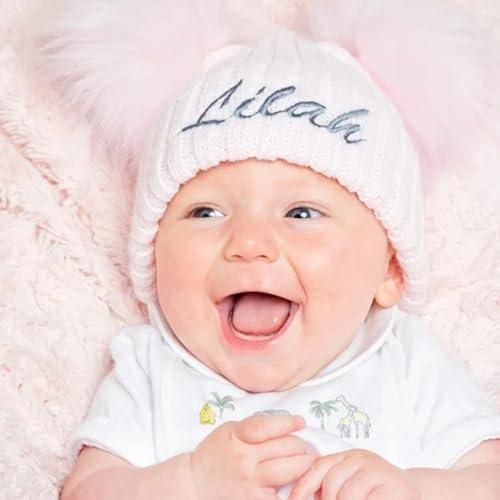 Personalized Baby Hats,Custom Name Double Pom Pom Beanie Hat Knitted Beanies Hat for Toddler Kids Boys Grils Custom Baby Hat Christmas Newborn Winter Hat Multicoloured2