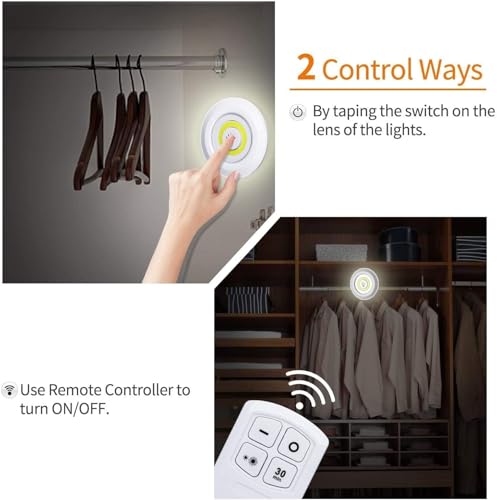 Image of Auslese Wireless Under Cabinet LED Puck Lights with Remote Battery Powered Adjustable Dimmable COB Night Lamps with Timer for Kitchen Wardrobe Closet Bedroom Stairway (3 Pack)