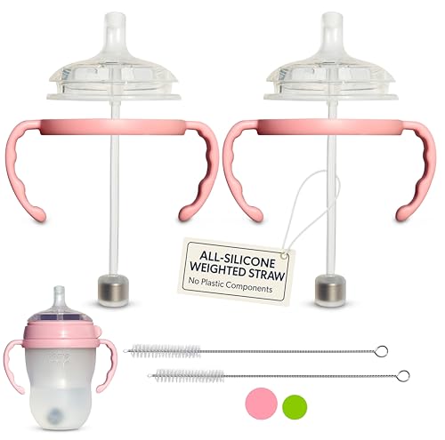 Image of Straw Cup Conversion Kit for Comotomo Baby Bottles 2-Count, Food Grade Silicone Straw Top Nipples, All Silicone Weighted Straw, Bottle Handles, Cleaning Brush, BPA Free, 6+ Months (Straw Top, Pink)