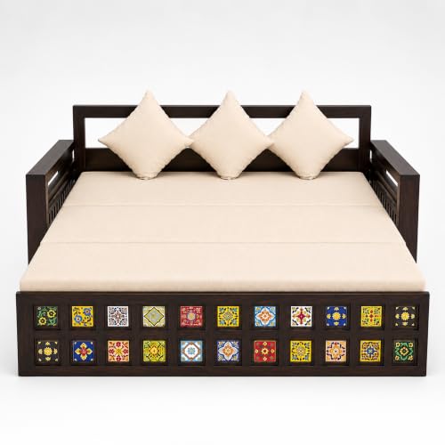 Image of SONA ART & CRAFTS Tile Sheesham Wood 3 Seater Sofa Cum Bed | Wooden 3 Seater Sofa for Living Room Wooden Furniture Sofa Bed for Home (Walnut Finish)