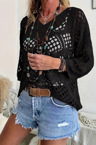 Allimy Womens Summer Crochet Long Sleeve Sexy Tops Sweaters for Women 2025 Beach Cover ups Cruise Outfits4