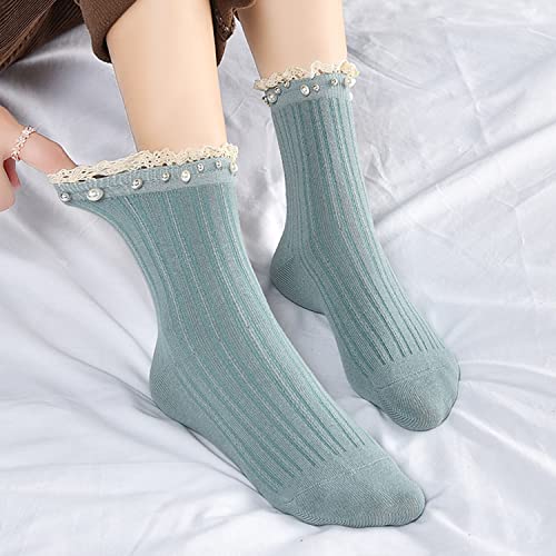 2022 Fashion Spring Lace Pearl Socks, Women Socks Cotton Cute Socks Ruffle Socks Lace Socks with Pearls Solid Color3