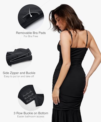 Image of Popilush Corset Dress Built in Shapewear Bodycon Cocktail Dresses for Women Wedding Guest Deep V Neck Mesh Ruched Maxi Dress