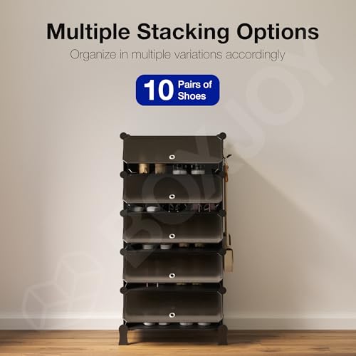 Image of BOXJOY 5 Shelf Shoe Rack with 5 Doors, Magnets, 5 Hook Steel Holder & Wooden Hammer for Home Storage PP Plastic Organizer with Metal Door Frame to Cover Chappal Slipper Sandals Shoes Box Stand (Black)