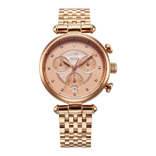 Image of Xylys Sparkle Swiss Chronograph Rose Gold Stainless Steel Strap Rose Gold Dial Watch for Women - 45025WM01E