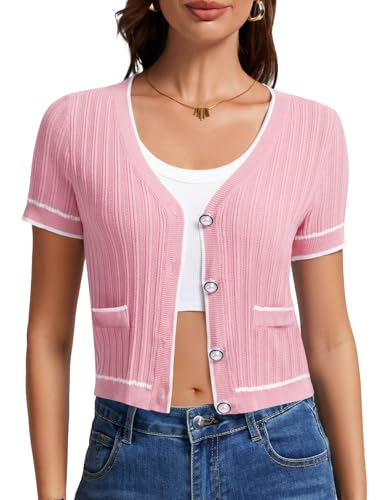 Image of DRESSTELLS Women Cardigan Sweater Summer 2025, V Neck Lightweight Button Down Shirt, Ribbed Cropped Casual Top