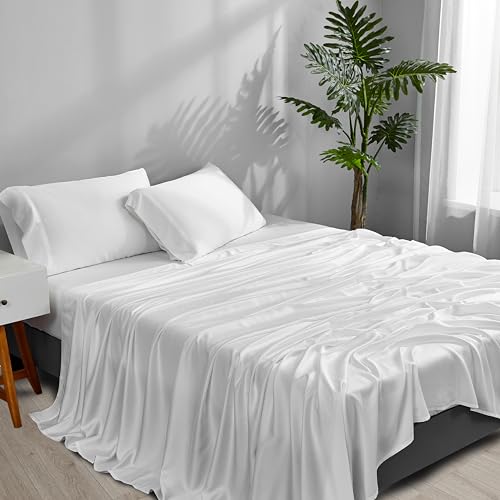 ACCURATEX Cooling Sheets California King Size - Viscose Made from Bamboo, Luxury Cool Silky Sheet Set for Cal King Size Bed, Super Soft Breathable Bed Sheets up to 16 inches Deep Pockect,White