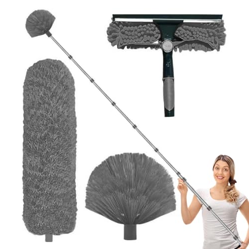 High Reach Telescopic Duster Kit, Duster with Extension Pole, 2 in 1 Window Cleaning Kit, Long Handle Spider Web Cleaner, Dusting Cleaning Supplies Ceiling Fan Brush with Ergonomic Design