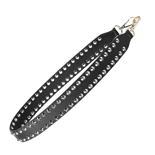 Large bandoulière en cuir synthétique clouté pour sac à main, noir avec matériel argenté, 4,9...