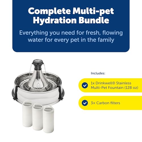 Image of PetSafe Stainless Multi-Pet Fountain with Carbon Filters Great for Multiple Pet Households Customizable Stream Options Scratch and Rust Resistant 128 Oz Water Capacity Fresh, Filtered Water