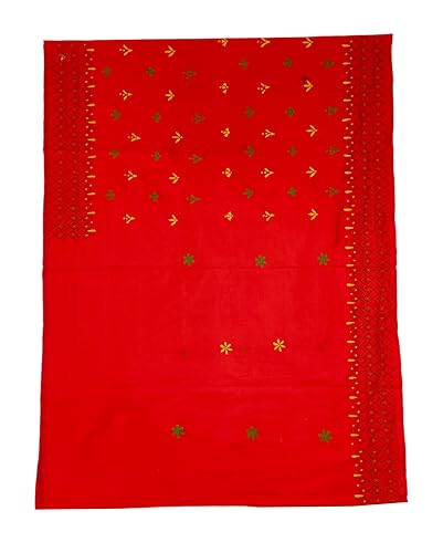 Image of SHRISTI CLOTHINGS Women's Hand Embroidered Cotton Silk Kantha Stitch Saree with Blouse Piece (SB4200924 REDD30)