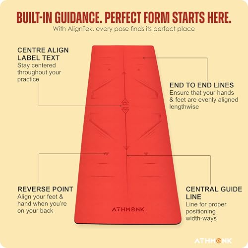 Image of Dual Colour TPE Pro Yoga Mat for Woman and Man with Alignment Guide Lines | Home Gym Equipment Exercise Mats for Workout | 6mm Thick Anti Slip Mat for Kids | Big Size with Cover Bag, Red