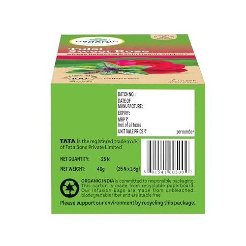 Image of A TATA Product - Organic India Tulsi Sweet Rose - 25 Tea Bags, Stress Relieving, Supports Radiant Skin, Rich in Antioxidants, Made with Tulsi, Chamomile, and Rose Certified Organic