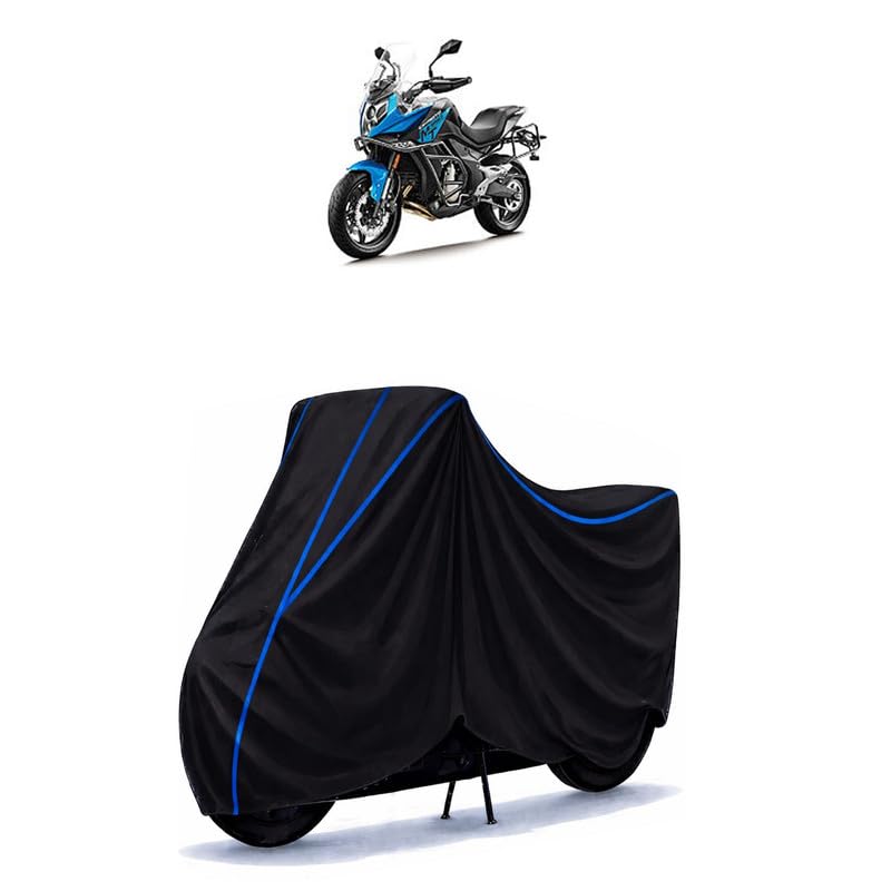 Image of CFMoto 650 MT Bike Cover Water Resistant Universal Motorcycle Rain | Heavy Duty UV Protection, Dust, Scratch Indoor Outdoor All Weather with Black Blue Piping Elastic