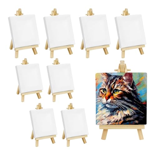 Pecbase 8 x 8cm Stretched Canvas with 4.72 Mini Natural Wood Display Easel Kit (Pack of 8) Artist Tripod Tabletop Holder Stand - Painting Party Kids Crafts Oil Acrylic Paints (112-01)