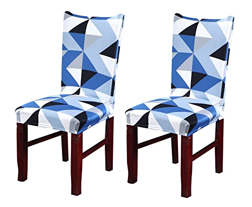 Image of House of Quirk Elastic Chair Cover Stretch Removable Washable Short Dining Chair Cover Protector Seat Slipcover ((Pack of 2, Blue Obtuse Triangle))