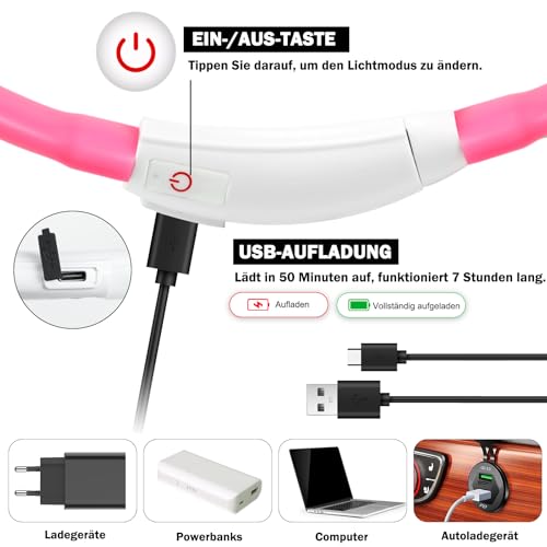 Nepfaivy Leuchthalsband Hund USB Aufladbar - Wasserdichtes Hundehalsband Leuchtend mit Verstellbarer Länge, LED Halsband für Hunde mit 4 Beleuchtungsmodi für Sicherheit, Rosa