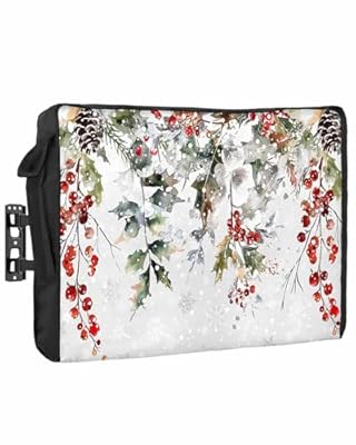 DecorLovee Outdoor TV Cover 80 to 85 Inches Weatherproof & Waterproof, Grey Christmas Outdoor TV Enclosure with Remote Control Pocket, Xmas Tree Botanical Red Berry Pinecone TV Screen Protectors