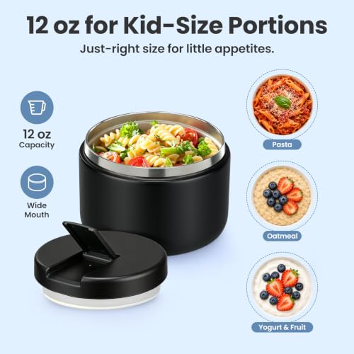 Image of Pawtong 12oz Insulated Vacuum Food Jar with Buckle Lid Wide Mouth Soup Thermo for Hot Food Kids Leakproof Stainless Steel Lunch Container- Black- 1Pack