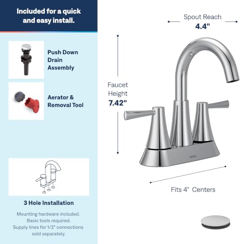 Image of Moen Ronan Chrome Two-Handle 4 in. Centerset Modern Bathroom Faucet with Push-Down Drain, 84022