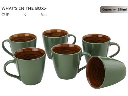 Image of Bodhi House Handcrafted Ceramic Coffee Mug Set of 6 Pieces (350 Ml), Stoneware Tea Cup, Microwave Safe Large Milk Mug, Glossy Finish, Ideal for Daily use, Casual Gatherings and Gifting, Forest Green