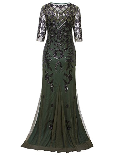 Vijiv Vintage 1920s Long Wedding Prom Dresses 2/3 Sleeve Sequin Party Evening Gown,Green,Small - Thumbnail 5