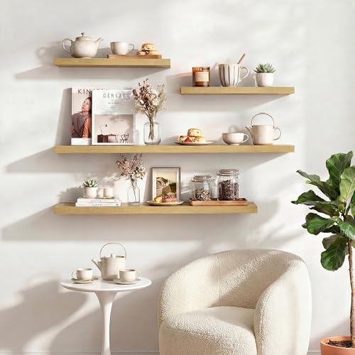 Image of Dreamland 20 Inches Floating Shelves for Wall, 9.3 inch Deep Long Floating Shelves Set of 2, Large Display & Storage Shelf, Wall Shelf for Bathroom Bedroom Living Room Kitchen Office, Oak