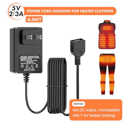 Image of 5V2A USB Wall Charger Wire Plug for Heated Vests Jackets Hoodies USB Connection Cables Charger with Male USB Plug Power Supplies for Heated Clothing for Home Office Maintains Lasting Warmth(6.56ft),,