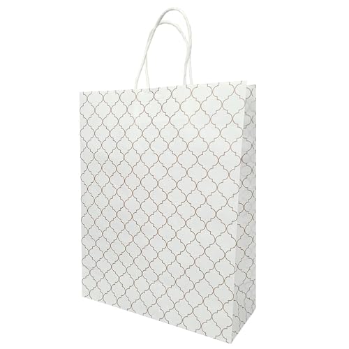 Image of Aakriti Craft Paper Bags - Elegant White Gift Bags with Geometric Design & Rope Handles | Small Boutique Shopping Bags for Retail, Gifts & Merchandise (10 PCS, 10x8x3 Inch)