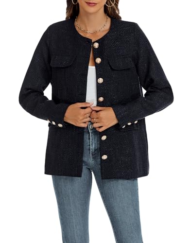 Women's Tweed Blazer Jackets Crewneck Button Down Business Jackets Casual Elegant Work Office Jacket