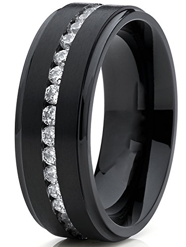 Black Titanium Men's Eternity Wedding Band Ring With Cubic Zirconia Cz, Comfort Fit 8Mm Sz 11 #TOP1