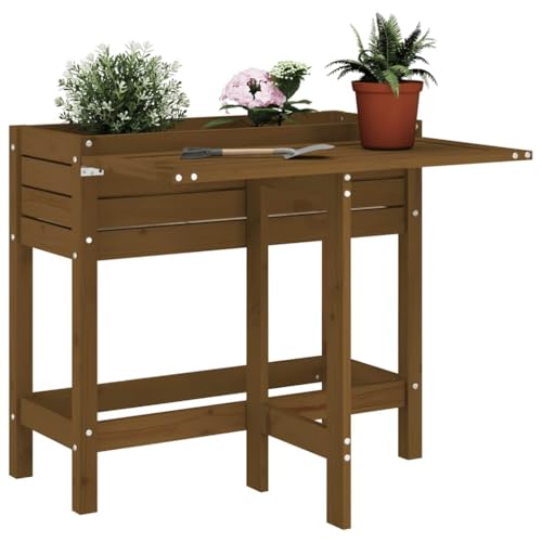 Mokuyary Maceta de jardín con mesa plegable, cama de jardín elevada de pino de madera maciza marrón miel para cultivar verduras, flores y hierbas
