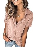 camisa negra gasa transparente 【CAMISA CON BOTONES PARA MUJER】Diseño de pompones, cuello en V, botones hacia abajo, color sólido, blusas y camisas de manga corta para mujer para un aspecto elegante.