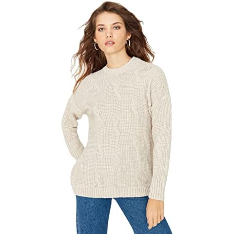 Trendyol Suéter Regular de Punto Trenzado Beige para Mujer Cover