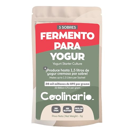 Coolinario Fermentos para Yogur (5 Sobres de 1 Gramo) Cultivos de Yogur Casero | Cremoso, Espeso y Delicioso | Yogur Normal o Griego | Sin OGM, Sin Conservantes, Sin Gluten, Halal & Kosher