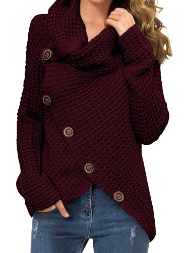GRECERELLE Women's Winter Jumpers Knit Warm Turtle Neck Wrap Asymmetric Hem Jumper Sweater Tops with Button for Ladies (Burgundy, S)