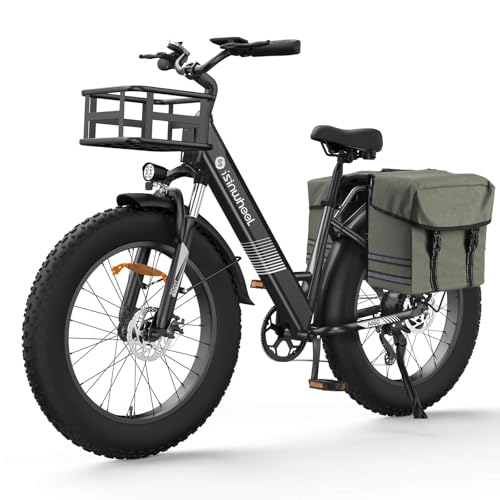 isinwheel M60 Electric Bike for Adults Gray with Basket (Front) & Saddlebag (Green)