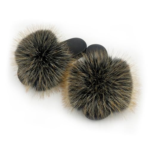 Image of Women's Faux Fur Slides Slippers Fluffy Fuzzy Sandals Open Toe Furry Slide Flip Flop Indoor Outdoor