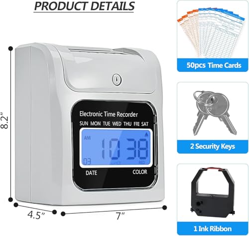 Image of TooCust Employee Time Clocks for Small Business, Auto-Align Time Clock Punch Machine with 50-Piece Time Cards, Two Security Keys, and One Ink Ribbon Cartridge