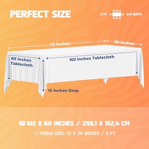 WEALUXE White Table Cloth for 6 Foot Rectangle Tables, 60x102 inches, Water, Stain and Wrinkle Resistant, 200 GSM Washable Poly Fabric Tablecloth Rectangular, Elegant and Durable
