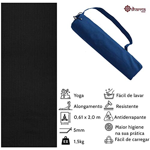 Tapete Yoga Premium Black 2,00m - 5mm+Porta Mat Azul Marinho