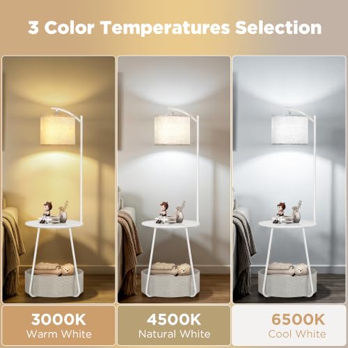 Image of LUTEC Floor Lamp with Table, Night Stand with Lamp, Round SideTable with Fabric Basket, 3 Color Temperatures 9W LED Bulb, Modern End Table for Bedroom, Living Room, White
