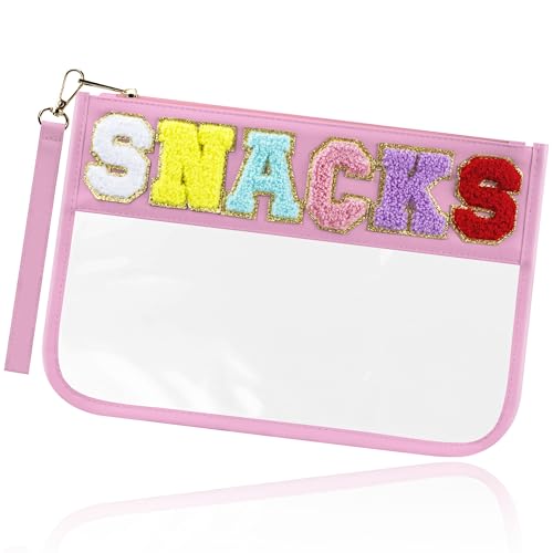 BuyCard Chenille Brief Tasche,wasserdicht Reise Snack Pouch mit Glitter Patch Buchstaben,Reise Make upTasche mit Reißverschluss, Kulturbeutel mit adrettem Aufnäher, für Damen und Kinder. (PINK)